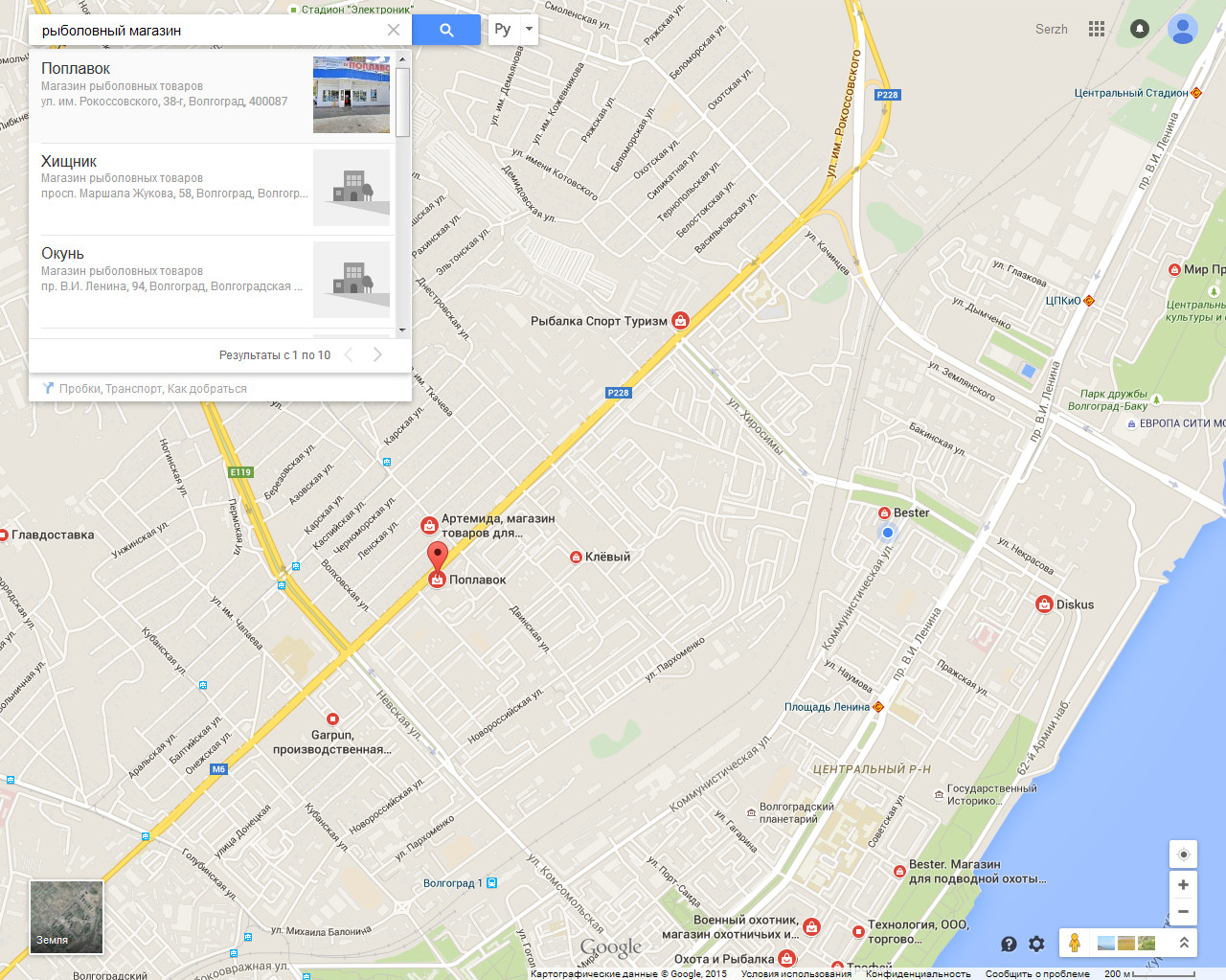 Результат поиска рыболовных магазинов на картах Google